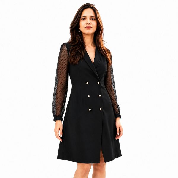 ATHENA Lifestyle Women’s Black Yoke Embellished Fit & Flare Dress with Front Slit