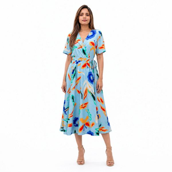 VERO MODA Women’s Regular Fit Powder Blue Printed Dress